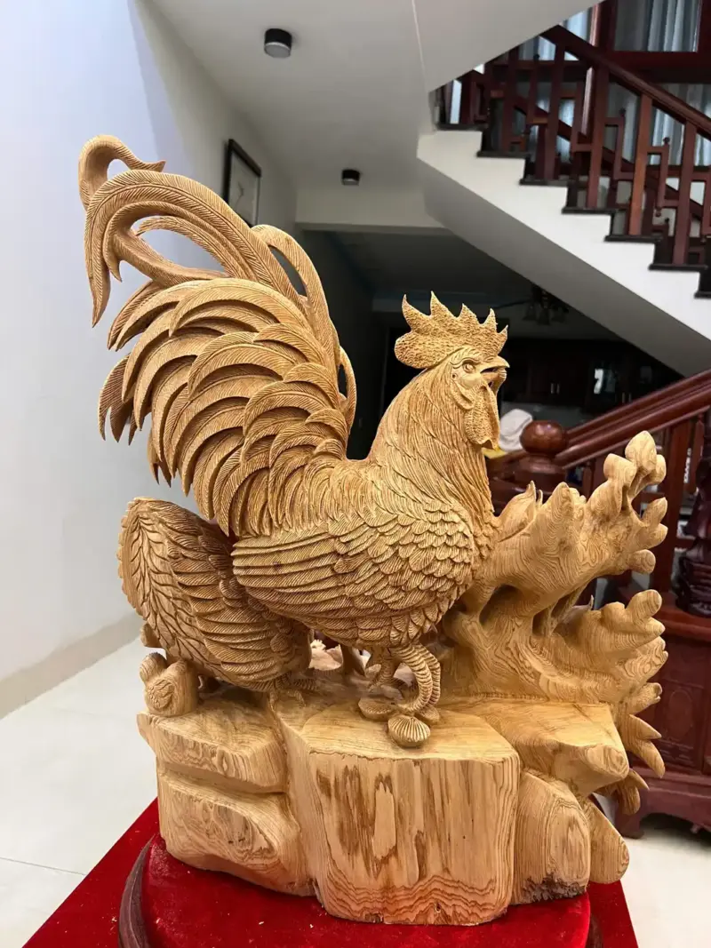 gia-inh-ga-G5764-5 Tượng Gia Đình Gà Gỗ Ngọc Am Liền Khối Hàng Nghệ Nhân Đục Kỹ Sắc Nét Có Sơn G5764