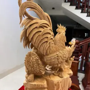 gia-inh-ga-G5764-6 Tượng Gia Đình Gà Gỗ Ngọc Am Liền Khối Hàng Nghệ Nhân Đục Kỹ Sắc Nét Có Sơn G5764