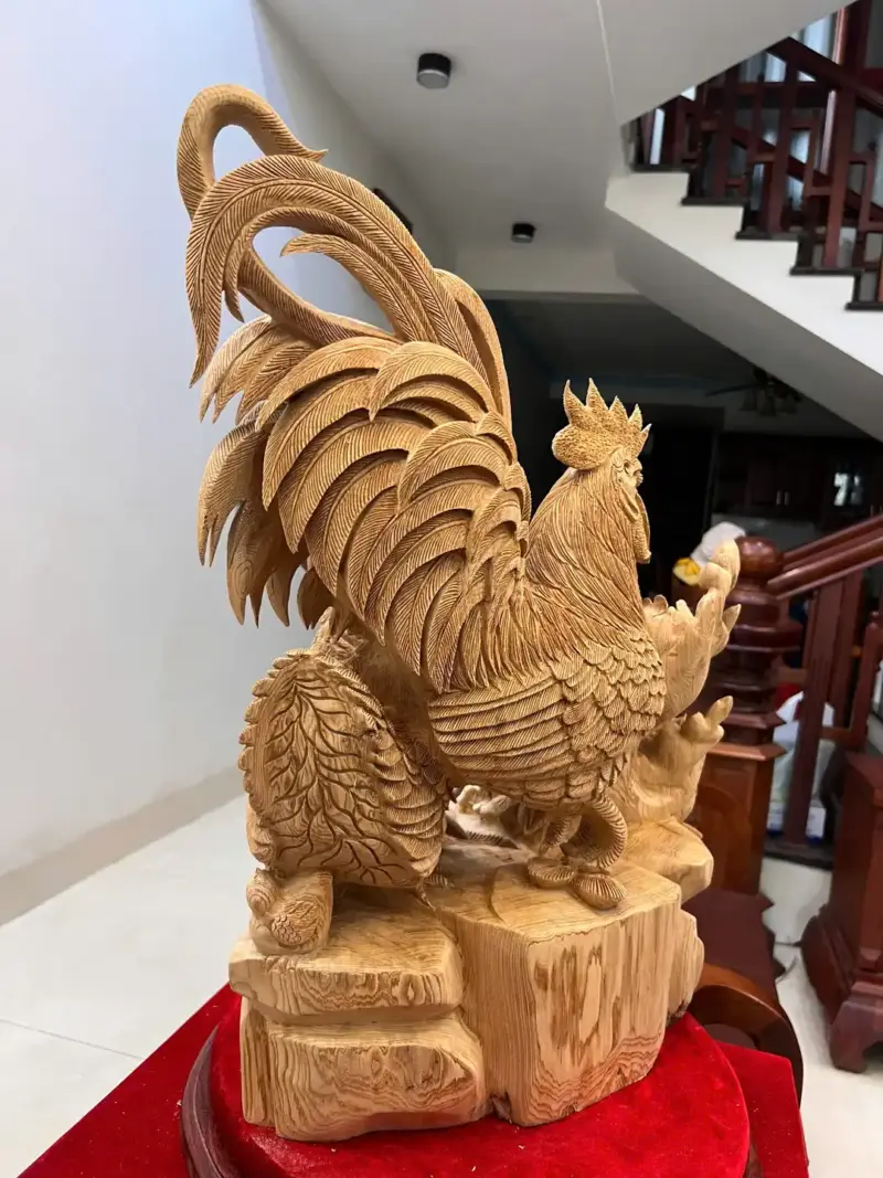 gia-inh-ga-G5764-6 Tượng Gia Đình Gà Gỗ Ngọc Am Liền Khối Hàng Nghệ Nhân Đục Kỹ Sắc Nét Có Sơn G5764