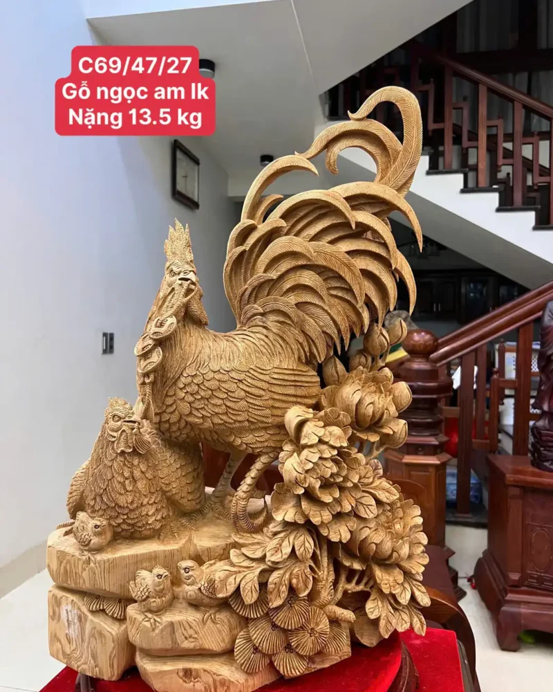 gia-inh-ga-G5824-1 Tượng Gia Đình Gà Gỗ Ngọc Am Liền Khối Hàng Nghệ Nhân Tắc Kê Đục Kỹ Sắc Nét G5824