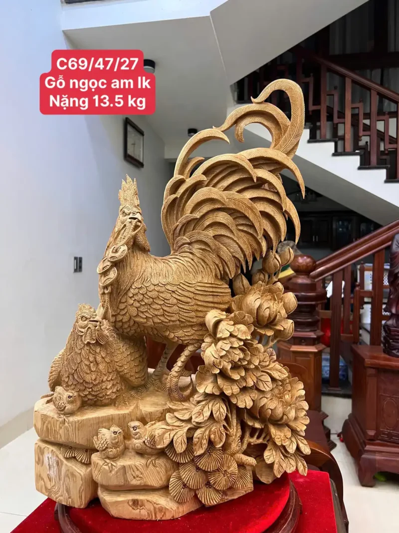 gia-inh-ga-G5824-1 Tượng Gia Đình Gà Gỗ Ngọc Am Liền Khối Hàng Nghệ Nhân Tắc Kê Đục Kỹ Sắc Nét G5824
