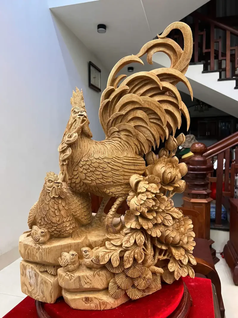 gia-inh-ga-G5824-2 Tượng Gia Đình Gà Gỗ Ngọc Am Liền Khối Hàng Nghệ Nhân Tắc Kê Đục Kỹ Sắc Nét G5824