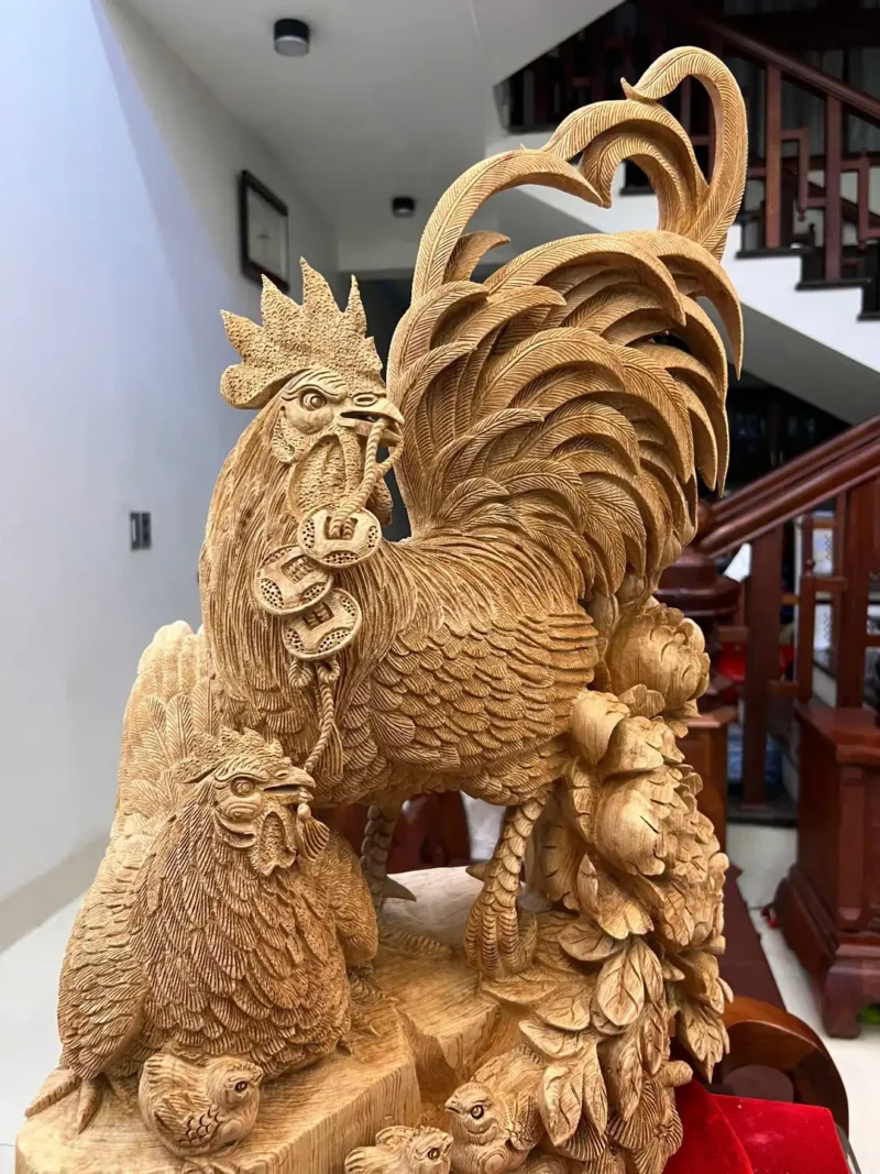 gia-inh-ga-G5824-3 Tượng Gia Đình Gà Gỗ Ngọc Am Liền Khối Hàng Nghệ Nhân Tắc Kê Đục Kỹ Sắc Nét G5824