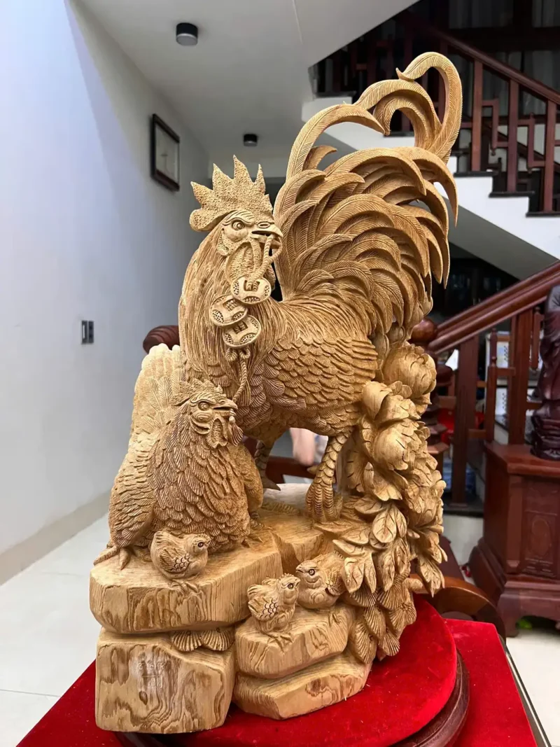 gia-inh-ga-G5824-4 Tượng Gia Đình Gà Gỗ Ngọc Am Liền Khối Hàng Nghệ Nhân Tắc Kê Đục Kỹ Sắc Nét G5824