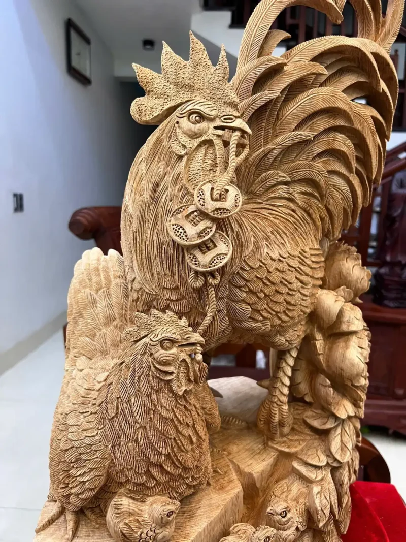 gia-inh-ga-G5824-6 Tượng Gia Đình Gà Gỗ Ngọc Am Liền Khối Hàng Nghệ Nhân Tắc Kê Đục Kỹ Sắc Nét G5824
