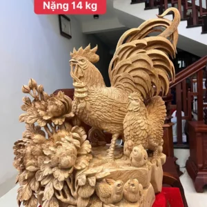 gia-inh-ga-G5875-1 Tượng Gia Đình Gà Gỗ Ngọc Am Liền Khối Hàng Nghệ Nhân Tắc Kê Đục Kỹ Sắc Nét Có Sơn G5875