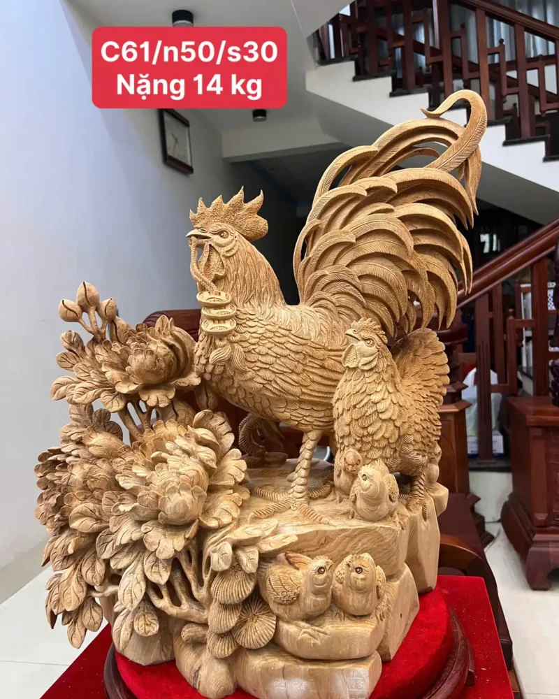 gia-inh-ga-G5875-1 Tượng Gia Đình Gà Gỗ Ngọc Am Liền Khối Hàng Nghệ Nhân Tắc Kê Đục Kỹ Sắc Nét Có Sơn G5875