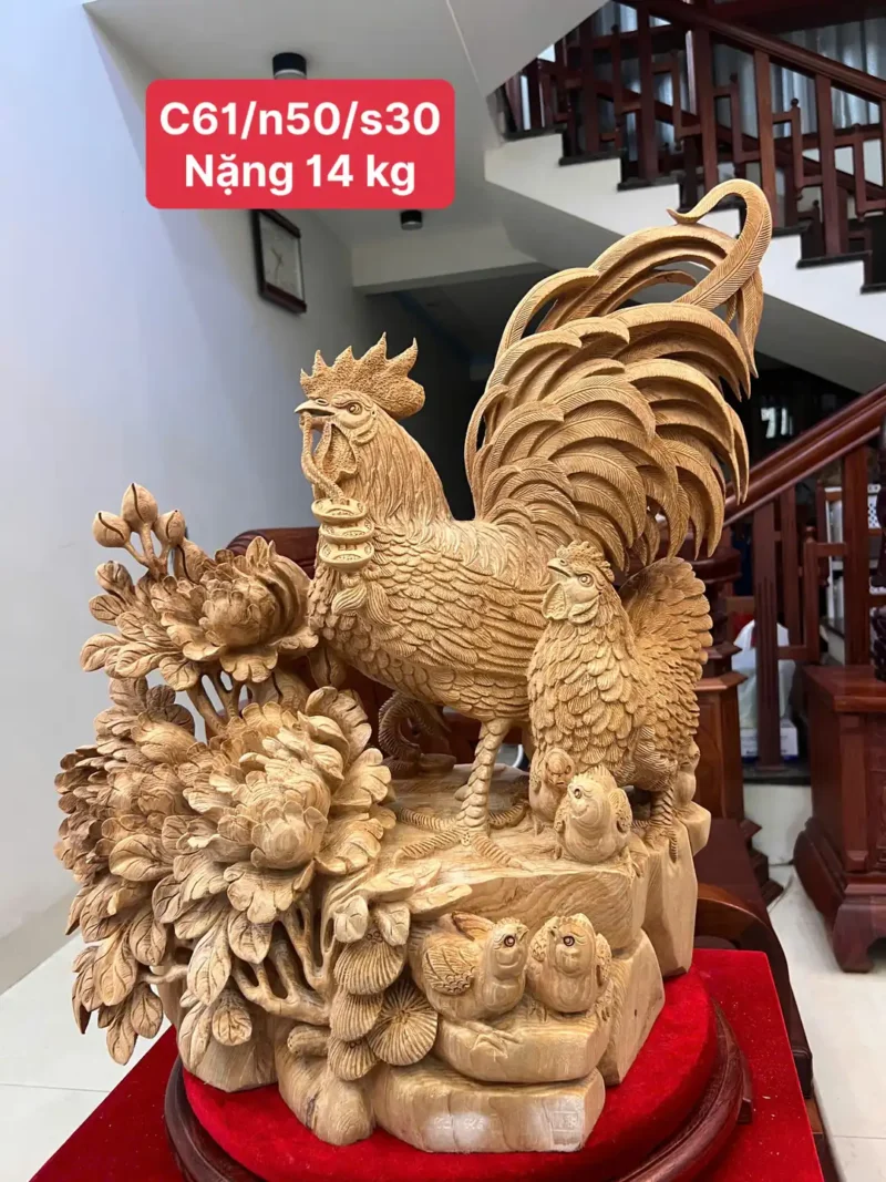 gia-inh-ga-G5875-1 Tượng Gia Đình Gà Gỗ Ngọc Am Liền Khối Hàng Nghệ Nhân Tắc Kê Đục Kỹ Sắc Nét Có Sơn G5875