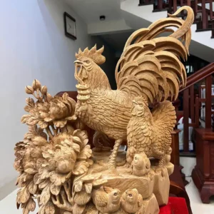 gia-inh-ga-G5875-2 Tượng Gia Đình Gà Gỗ Ngọc Am Liền Khối Hàng Nghệ Nhân Tắc Kê Đục Kỹ Sắc Nét Có Sơn G5875