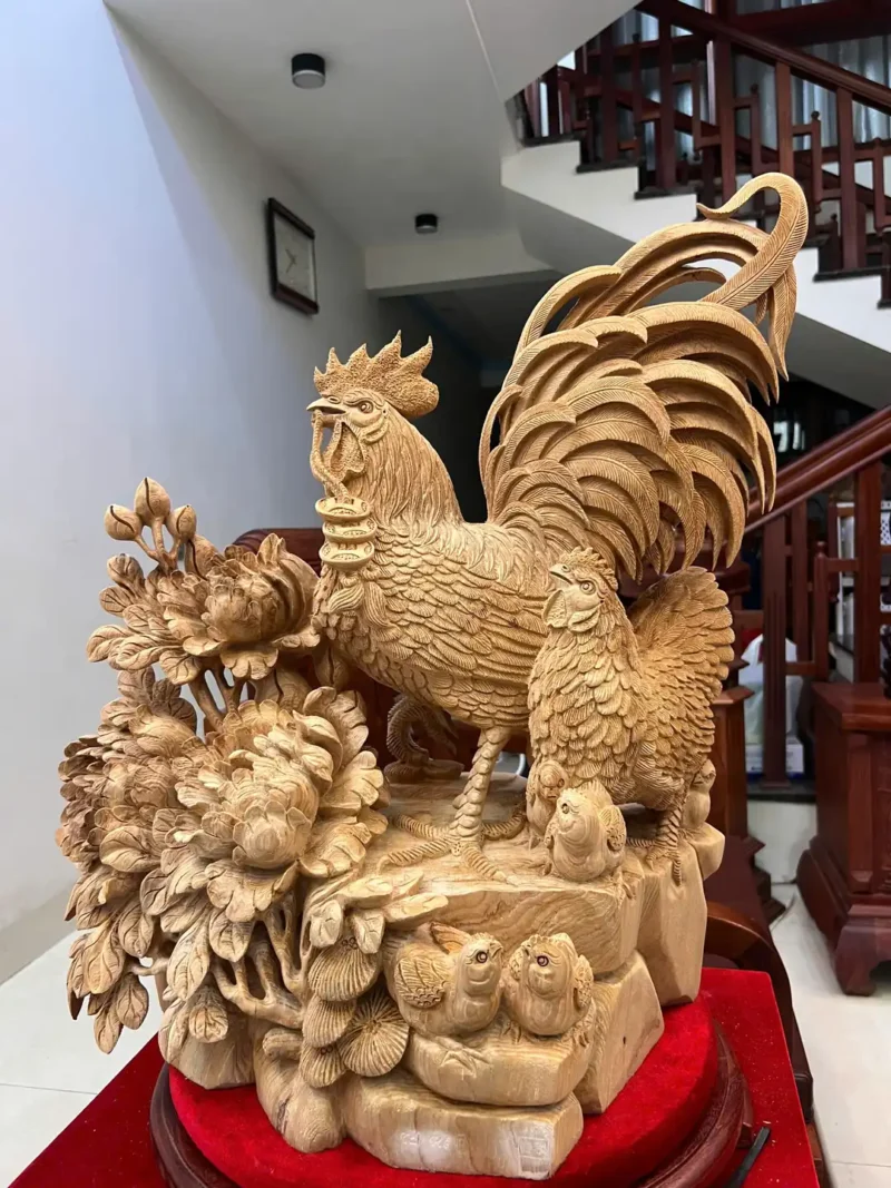 gia-inh-ga-G5875-2 Tượng Gia Đình Gà Gỗ Ngọc Am Liền Khối Hàng Nghệ Nhân Tắc Kê Đục Kỹ Sắc Nét Có Sơn G5875