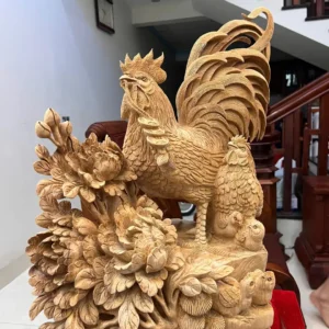 gia-inh-ga-G5875-4 Tượng Gia Đình Gà Gỗ Ngọc Am Liền Khối Hàng Nghệ Nhân Tắc Kê Đục Kỹ Sắc Nét Có Sơn G5875