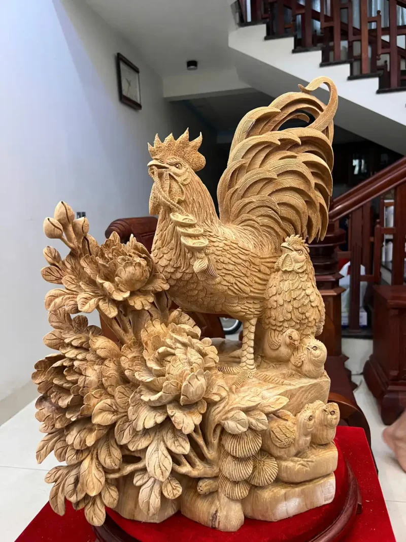 gia-inh-ga-G5875-4 Tượng Gia Đình Gà Gỗ Ngọc Am Liền Khối Hàng Nghệ Nhân Tắc Kê Đục Kỹ Sắc Nét Có Sơn G5875