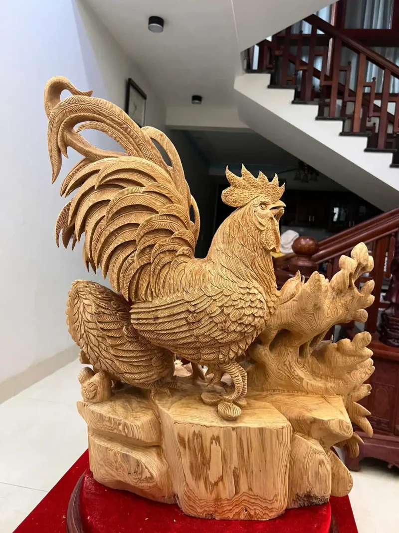 gia-inh-ga-G5875-5 Tượng Gia Đình Gà Gỗ Ngọc Am Liền Khối Hàng Nghệ Nhân Tắc Kê Đục Kỹ Sắc Nét Có Sơn G5875