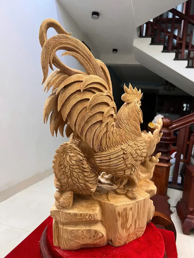 gia-inh-ga-G5875-6 Tượng Gia Đình Gà Gỗ Ngọc Am Liền Khối Hàng Nghệ Nhân Tắc Kê Đục Kỹ Sắc Nét Có Sơn G5875