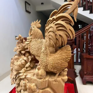 gia-inh-ga-G5875-7 Tượng Gia Đình Gà Gỗ Ngọc Am Liền Khối Hàng Nghệ Nhân Tắc Kê Đục Kỹ Sắc Nét Có Sơn G5875