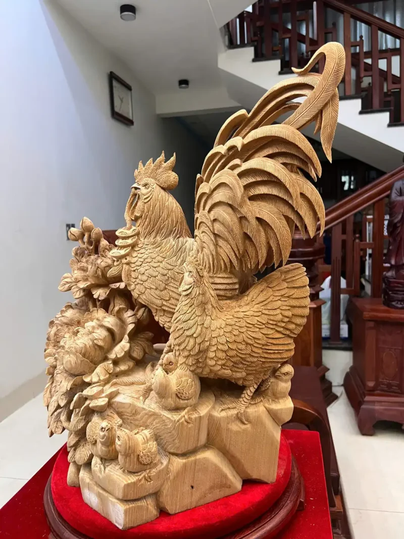 gia-inh-ga-G5875-7 Tượng Gia Đình Gà Gỗ Ngọc Am Liền Khối Hàng Nghệ Nhân Tắc Kê Đục Kỹ Sắc Nét Có Sơn G5875