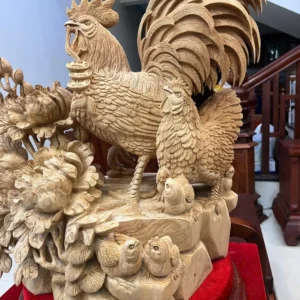 gia-inh-ga-G5875-8 Tượng Gia Đình Gà Gỗ Ngọc Am Liền Khối Hàng Nghệ Nhân Tắc Kê Đục Kỹ Sắc Nét Có Sơn G5875