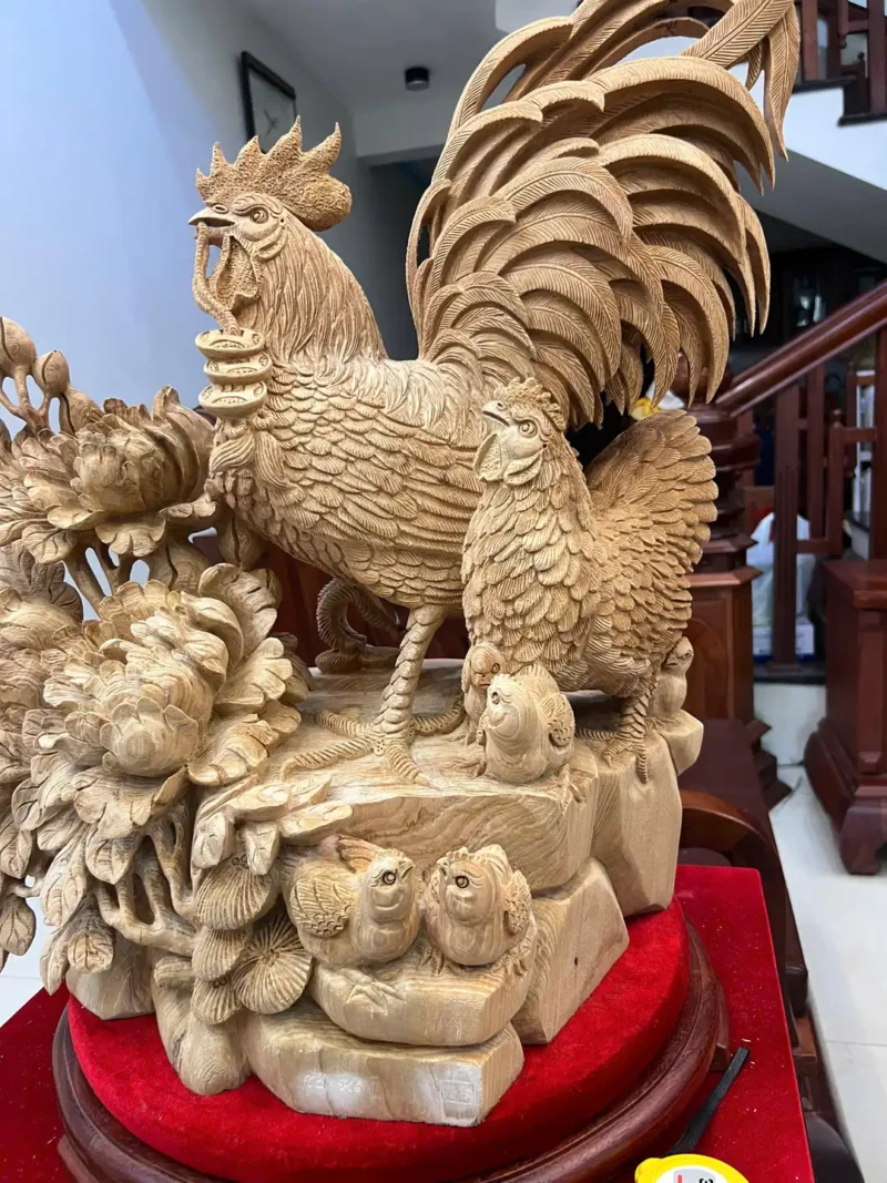gia-inh-ga-G5875-8 Tượng Gia Đình Gà Gỗ Ngọc Am Liền Khối Hàng Nghệ Nhân Tắc Kê Đục Kỹ Sắc Nét Có Sơn G5875