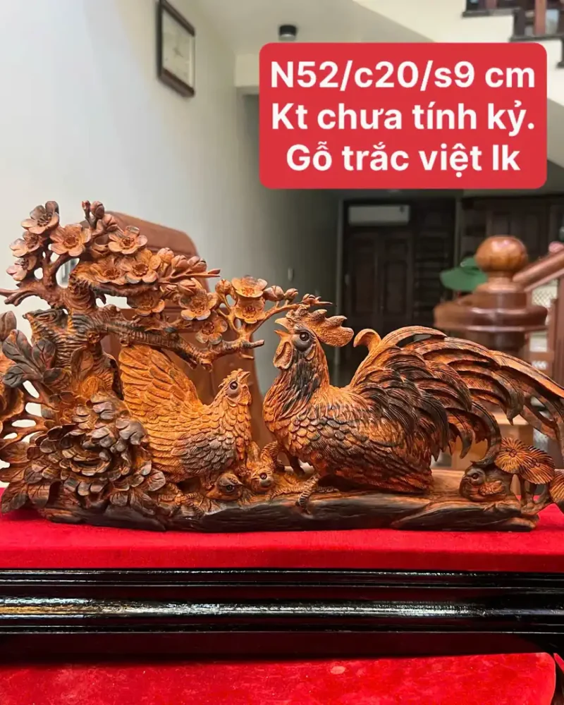gia-inh-ga-G6399-1 Tượng Gia Đình Gà Gỗ Trắc Việt Liền Khối Hàng Nhỏ Để Bàn Nghệ Nhân Tắc Kê Có Sơn G6399