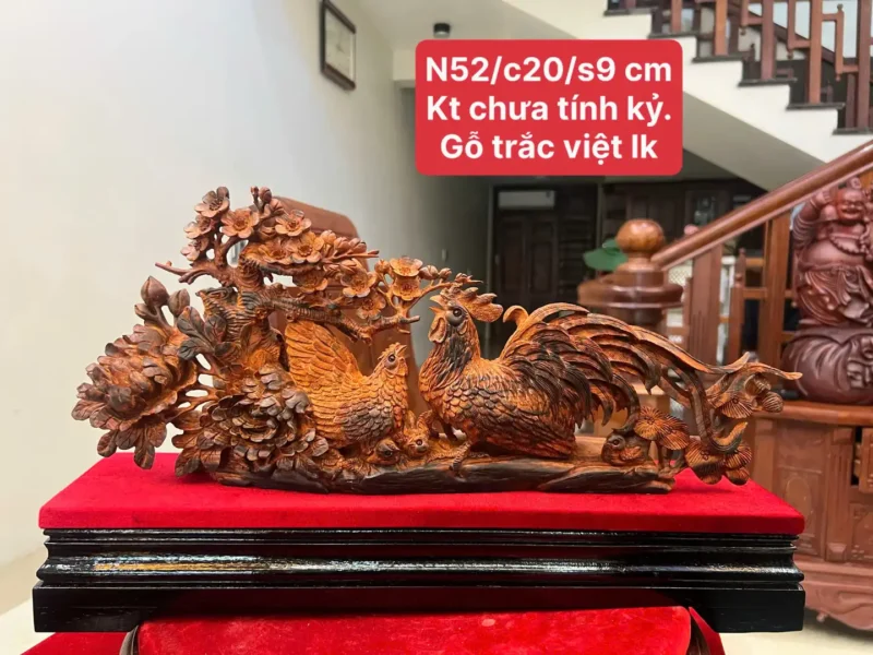 gia-inh-ga-G6399-1 Tượng Gia Đình Gà Gỗ Trắc Việt Liền Khối Hàng Nhỏ Để Bàn Nghệ Nhân Tắc Kê Có Sơn G6399