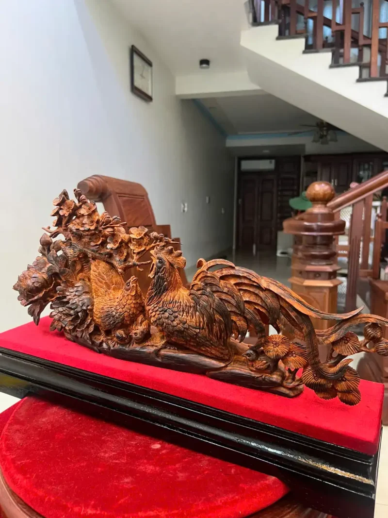 gia-inh-ga-G6399-6 Tượng Gia Đình Gà Gỗ Trắc Việt Liền Khối Hàng Nhỏ Để Bàn Nghệ Nhân Tắc Kê Có Sơn G6399