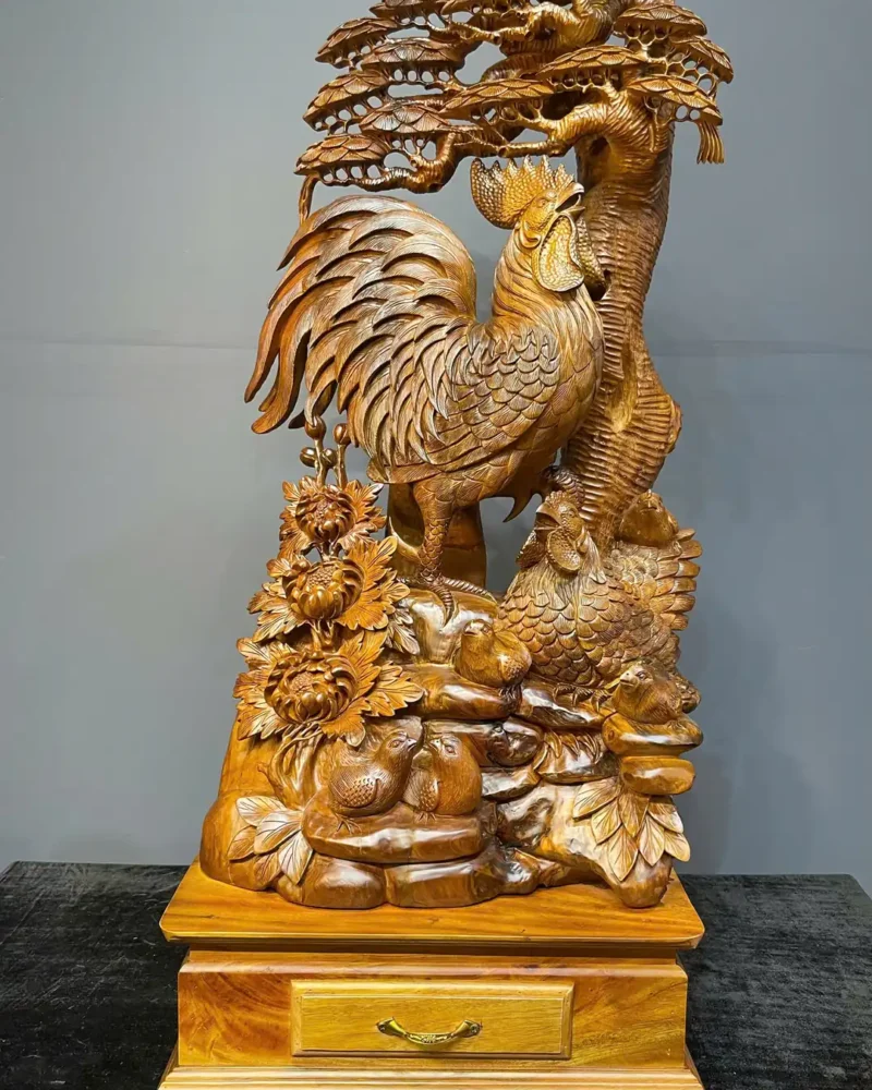 gia-inh-ga-go-bach-xanh-G6115-1 Tượng Gia Đình Gà Gỗ Bách Xanh Liền Khối G6115