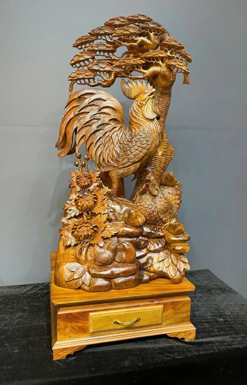gia-inh-ga-go-bach-xanh-G6115-4 Tượng Gia Đình Gà Gỗ Bách Xanh Liền Khối G6115
