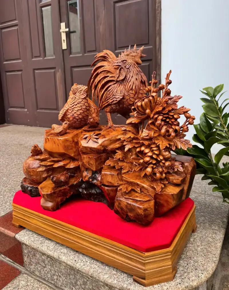 gia-inh-ga-toan-gia-phuc-to-ep-go-nu-ngoc-G5470-4 Tượng Gia Đình Gà Toàn Gia Phúc To Đẹp Gỗ Nu Ngọc Am Thơm Hàng Kỹ Đẹp Liền Khối G5470