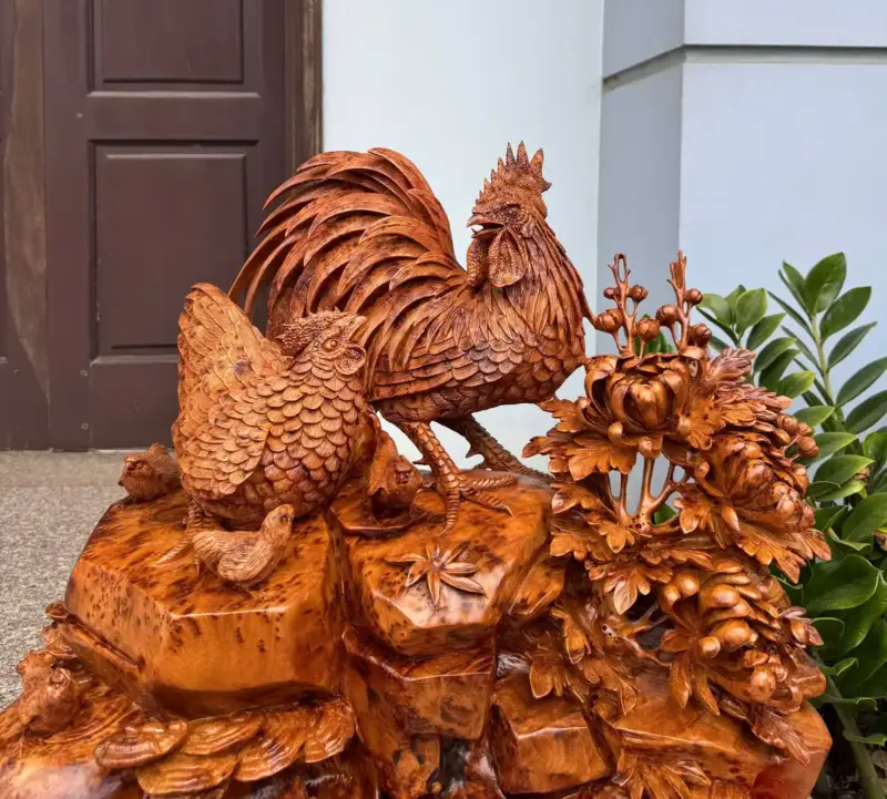 gia-inh-ga-toan-gia-phuc-to-ep-go-nu-ngoc-G5470-6 Tượng Gia Đình Gà Toàn Gia Phúc To Đẹp Gỗ Nu Ngọc Am Thơm Hàng Kỹ Đẹp Liền Khối G5470