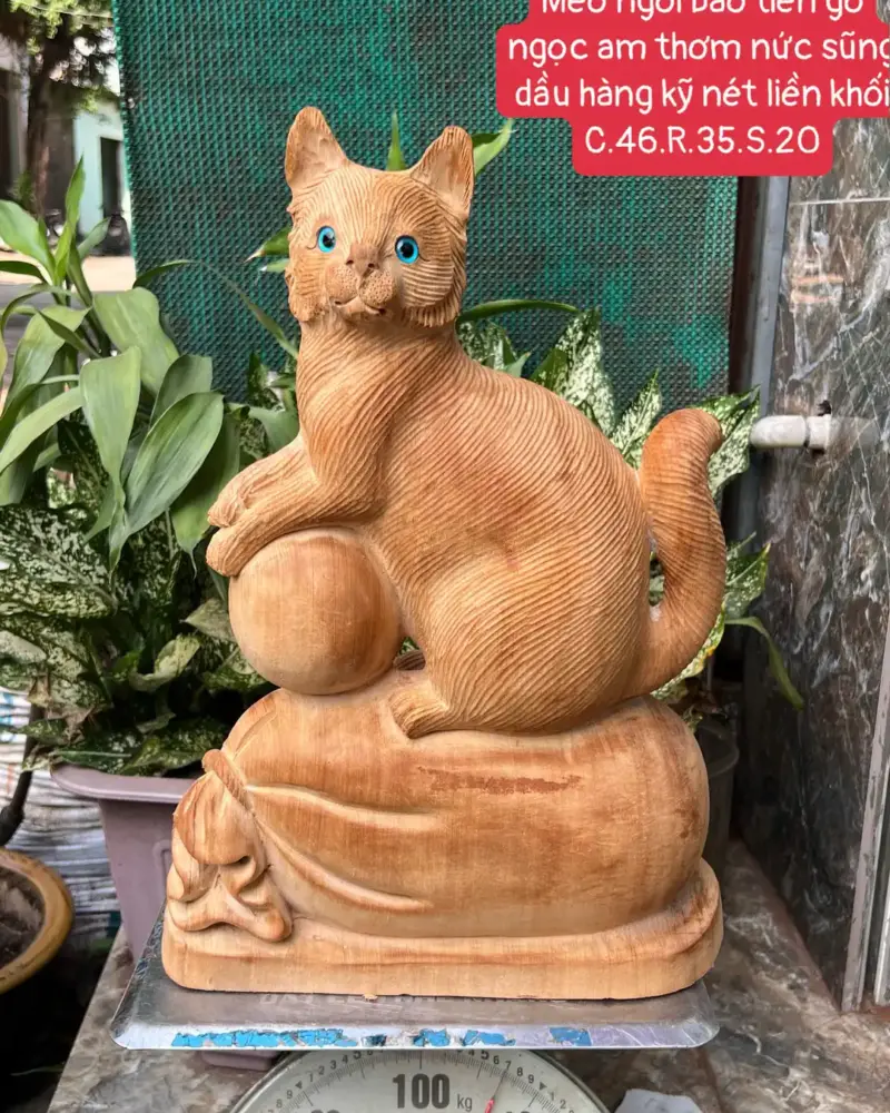 meo-ngoi-bao-G5692-1 Tượng Mèo Ngồi Bao Tiền Gỗ Ngọc Am Thơm Nức Sũng Dầu Hàng Kỹ Nét Liền Khối G5692