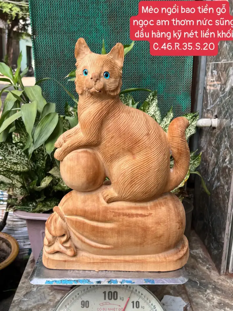 meo-ngoi-bao-G5692-1 Tượng Mèo Ngồi Bao Tiền Gỗ Ngọc Am Thơm Nức Sũng Dầu Hàng Kỹ Nét Liền Khối G5692