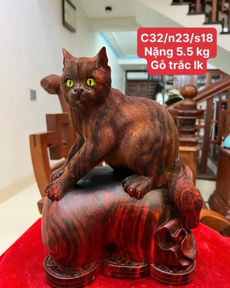 Tượng Mèo Ngồi Bao Tiền Gỗ Trắc Đỏ Đen Liền Khối G6440