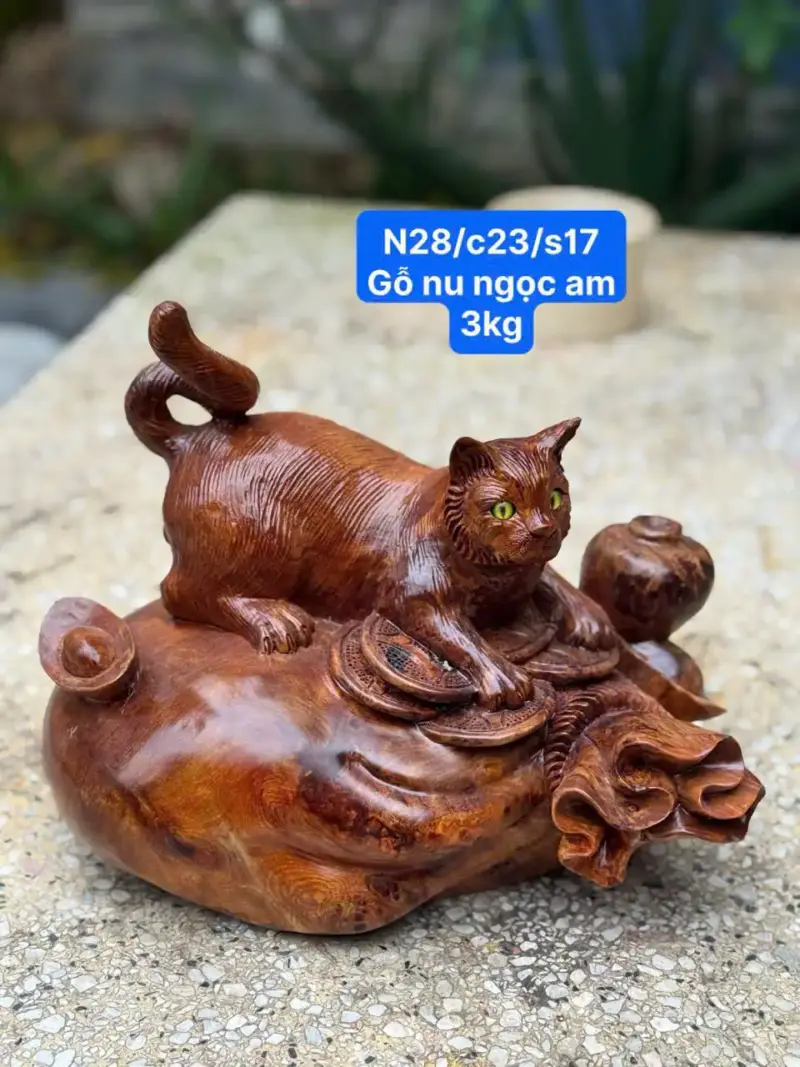 meo-tai-loc-go-nu-ngoc-G5769-1 Tượng Mèo Tài Lộc Gỗ Nu Ngọc Am Liền Khối G5769