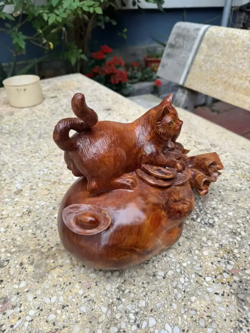 meo-tai-loc-go-nu-ngoc-G5769-4 Tượng Mèo Tài Lộc Gỗ Nu Ngọc Am Liền Khối G5769