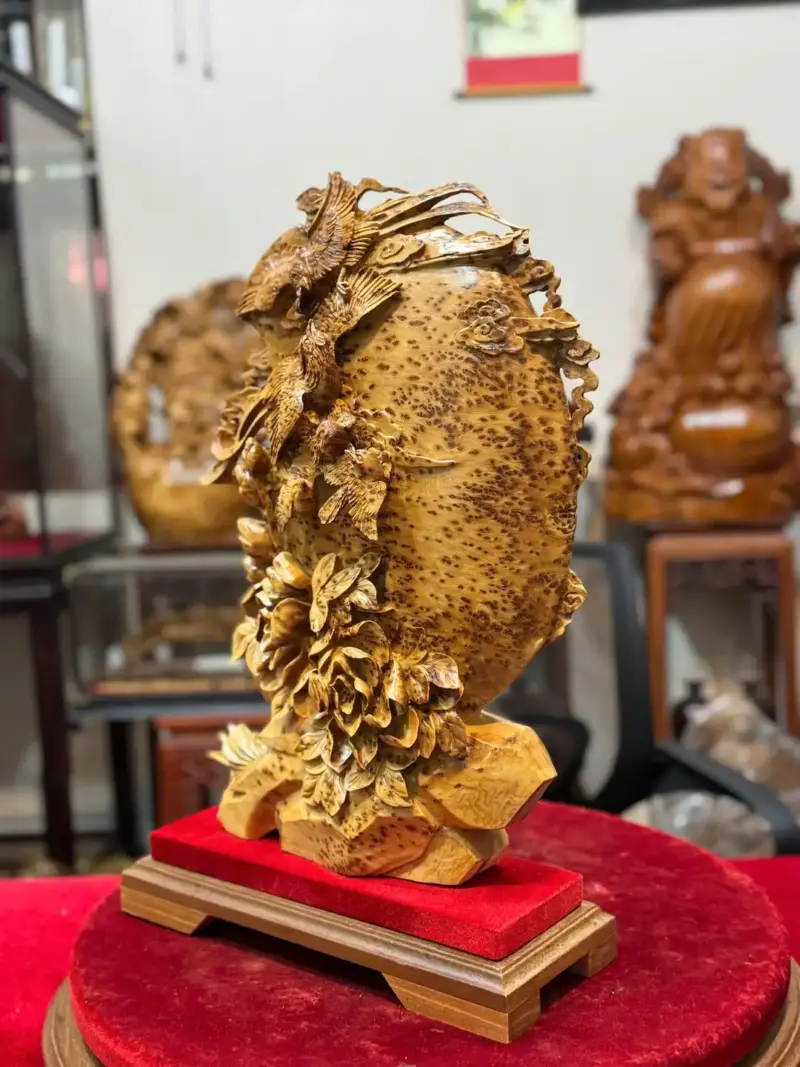 ngu-ieu-chau-nguyet-go-nu-ngoc-G5336-2 Tượng Ngũ Điểu Chầu Nguyệt Gỗ Nu Ngọc Am Hàng Kỹ Đẹp Liền Khối G5336