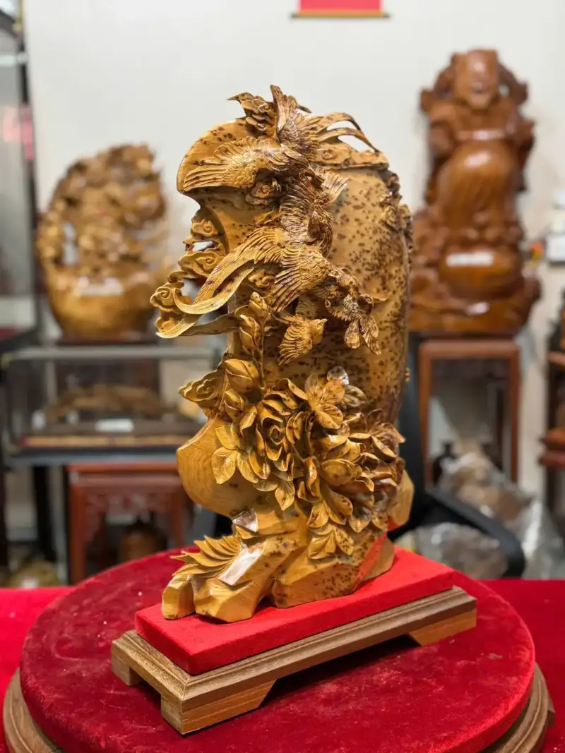 ngu-ieu-chau-nguyet-go-nu-ngoc-G5336-4 Tượng Ngũ Điểu Chầu Nguyệt Gỗ Nu Ngọc Am Hàng Kỹ Đẹp Liền Khối G5336
