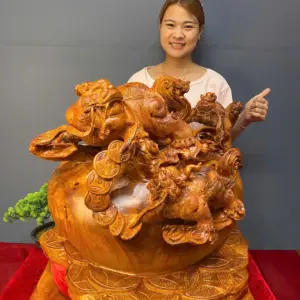 ngu-nghe-tran-chum-tien-vang-go-huong-ta-G5427-1 Tượng Ngũ Nghê Trấn Chum Tiền Vàng Gỗ Hương Ta Liền Khối G5427