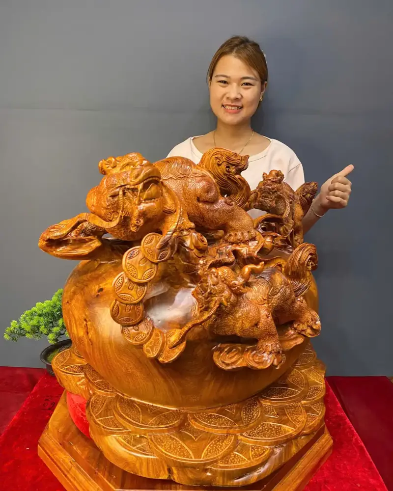 ngu-nghe-tran-chum-tien-vang-go-huong-ta-G5427-1 Tượng Ngũ Nghê Trấn Chum Tiền Vàng Gỗ Hương Ta Liền Khối G5427