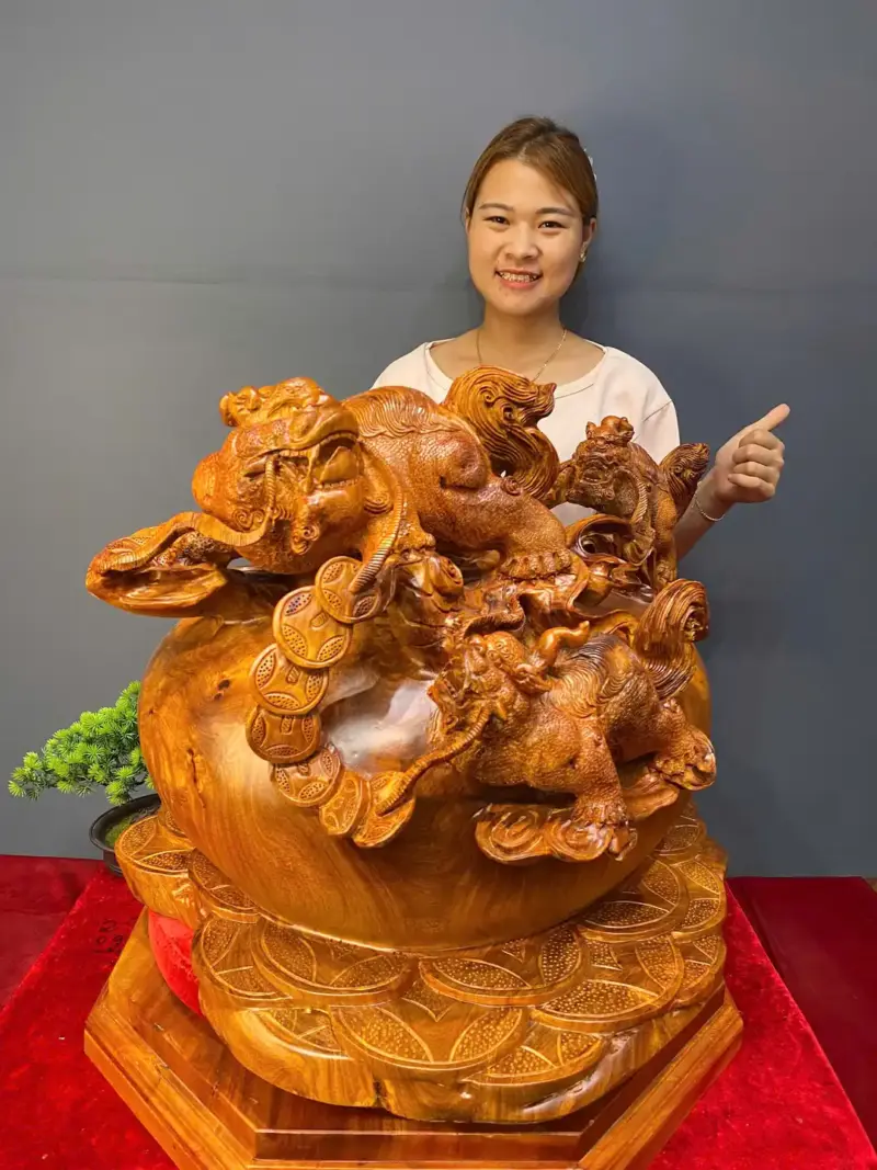 ngu-nghe-tran-chum-tien-vang-go-huong-ta-G5427-1 Tượng Ngũ Nghê Trấn Chum Tiền Vàng Gỗ Hương Ta Liền Khối G5427