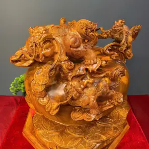 ngu-nghe-tran-chum-tien-vang-go-huong-ta-G5427-2 Tượng Ngũ Nghê Trấn Chum Tiền Vàng Gỗ Hương Ta Liền Khối G5427