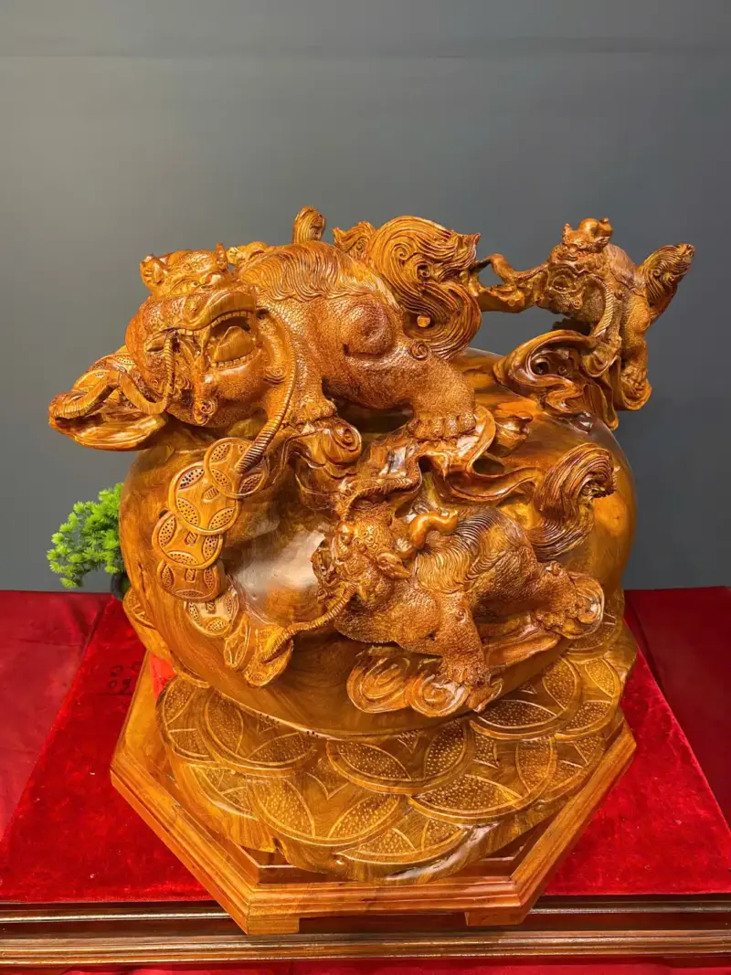 ngu-nghe-tran-chum-tien-vang-go-huong-ta-G5427-2 Tượng Ngũ Nghê Trấn Chum Tiền Vàng Gỗ Hương Ta Liền Khối G5427