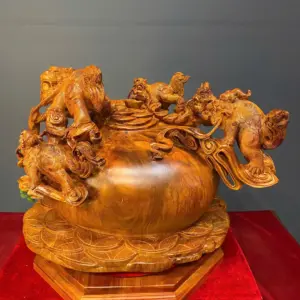 ngu-nghe-tran-chum-tien-vang-go-huong-ta-G5427-3 Tượng Ngũ Nghê Trấn Chum Tiền Vàng Gỗ Hương Ta Liền Khối G5427