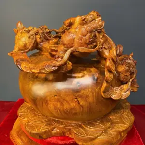 ngu-nghe-tran-chum-tien-vang-go-huong-ta-G5427-4 Tượng Ngũ Nghê Trấn Chum Tiền Vàng Gỗ Hương Ta Liền Khối G5427