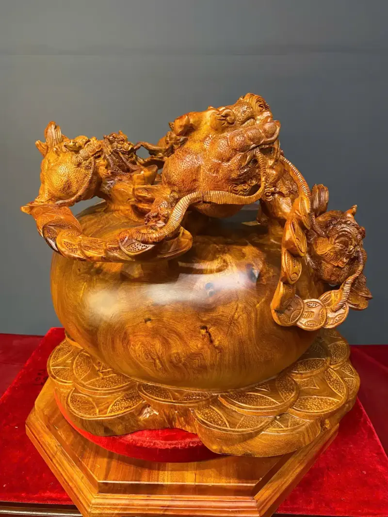 ngu-nghe-tran-chum-tien-vang-go-huong-ta-G5427-4 Tượng Ngũ Nghê Trấn Chum Tiền Vàng Gỗ Hương Ta Liền Khối G5427