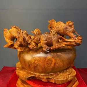 ngu-nghe-tran-chum-tien-vang-go-huong-ta-G5427-5 Tượng Ngũ Nghê Trấn Chum Tiền Vàng Gỗ Hương Ta Liền Khối G5427