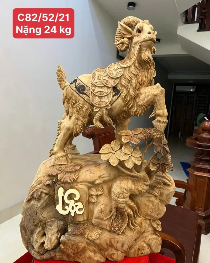 Tượng Nhất Dê Gỗ Ngọc Am Hàng To Nặng Liền Khối Có Sơn G6441