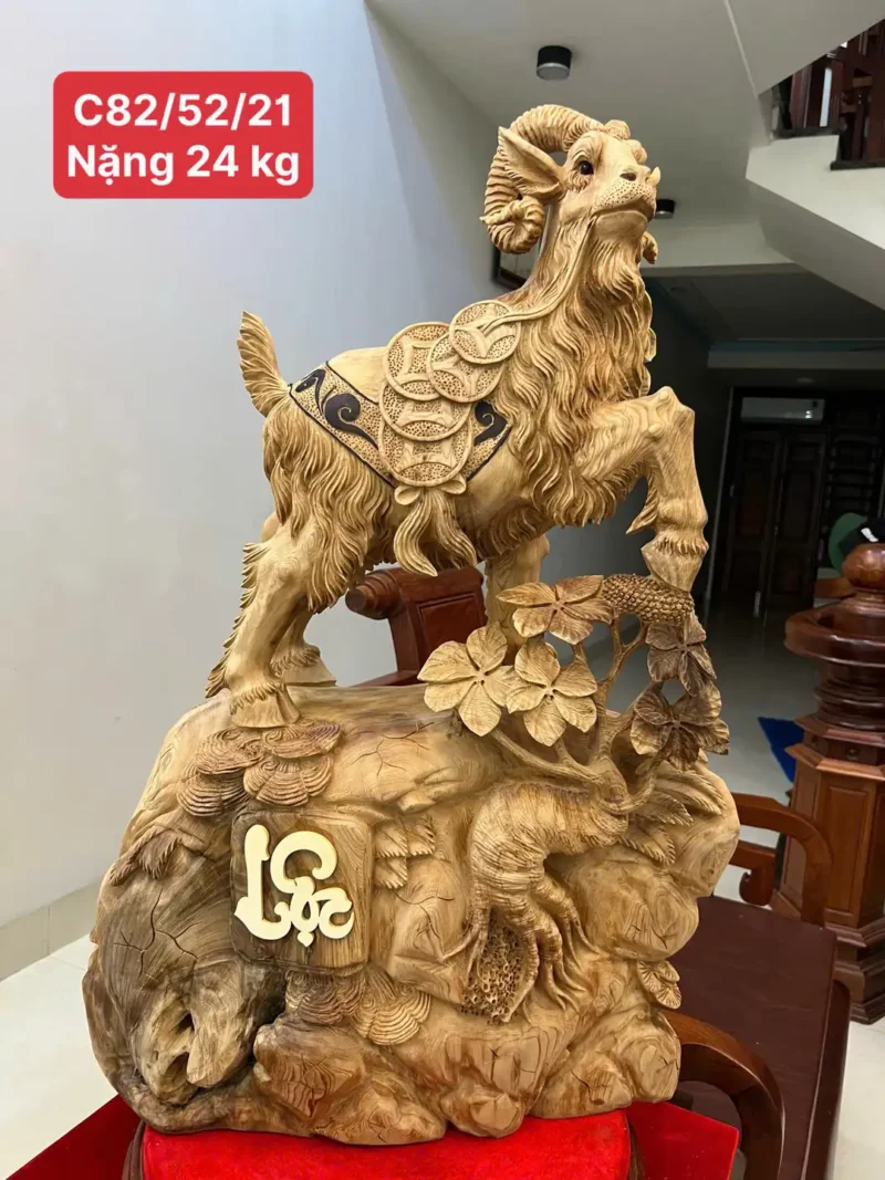 nhat-de-go-G6441-1 Tượng Nhất Dê Gỗ Ngọc Am Hàng To Nặng Liền Khối Có Sơn G6441