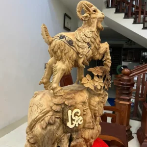 nhat-de-go-G6441-3 Tượng Nhất Dê Gỗ Ngọc Am Hàng To Nặng Liền Khối Có Sơn G6441