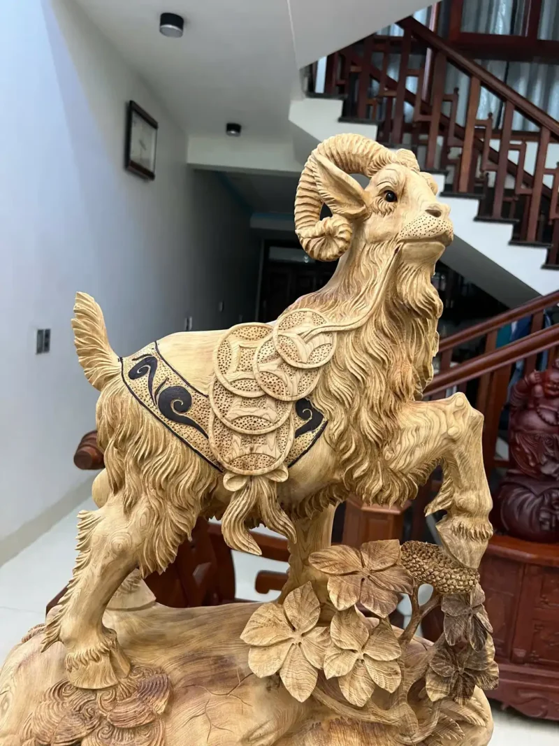 nhat-de-go-G6441-6 Tượng Nhất Dê Gỗ Ngọc Am Hàng To Nặng Liền Khối Có Sơn G6441