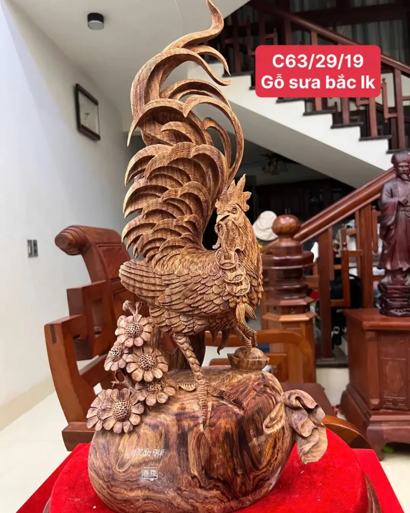 nhat-ke-go-G5832-1 Tượng Nhất Kê Gỗ Sưa Bắc Liền Khối Hàng Nghệ Nhân Kỹ Nét Vân Tím Lịm Có Sơn G5832